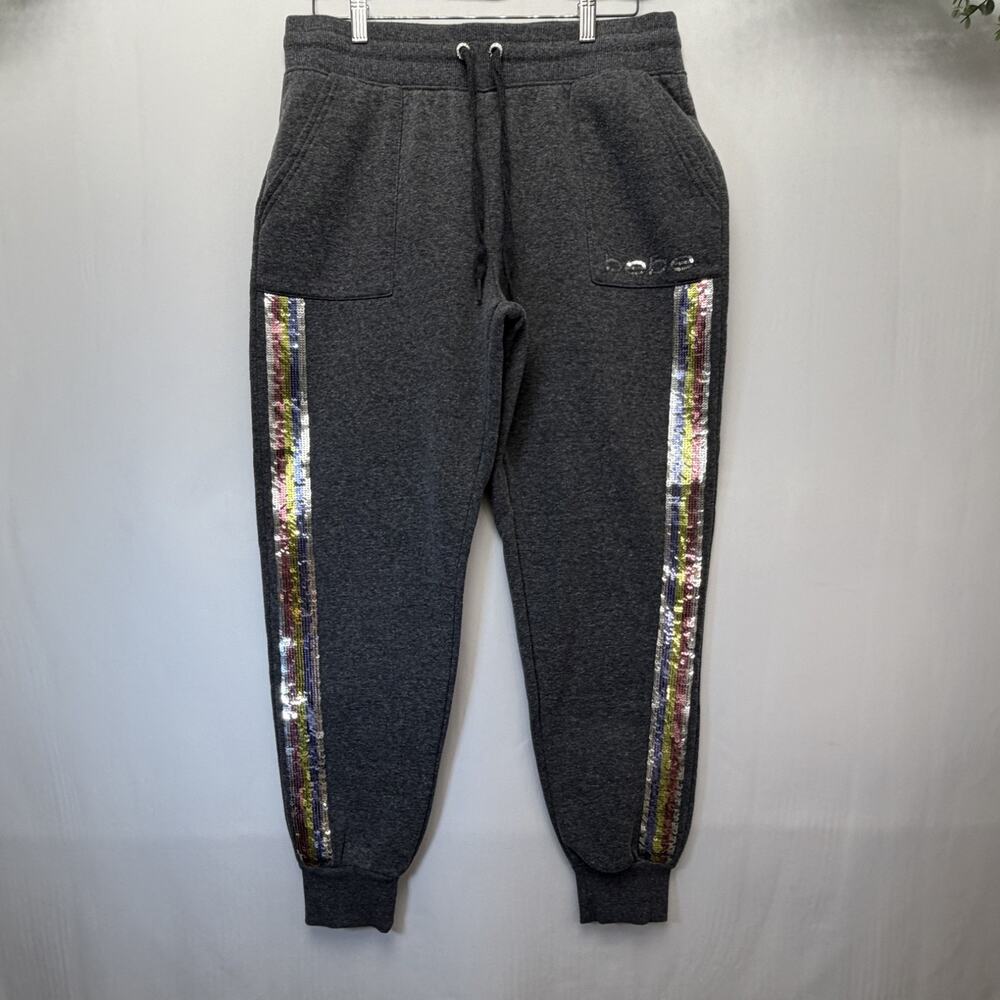 bebe Sport‎ Black Cotton Blend Sequin Leg Logoed Women's Sweatpants Pockets Sz L
